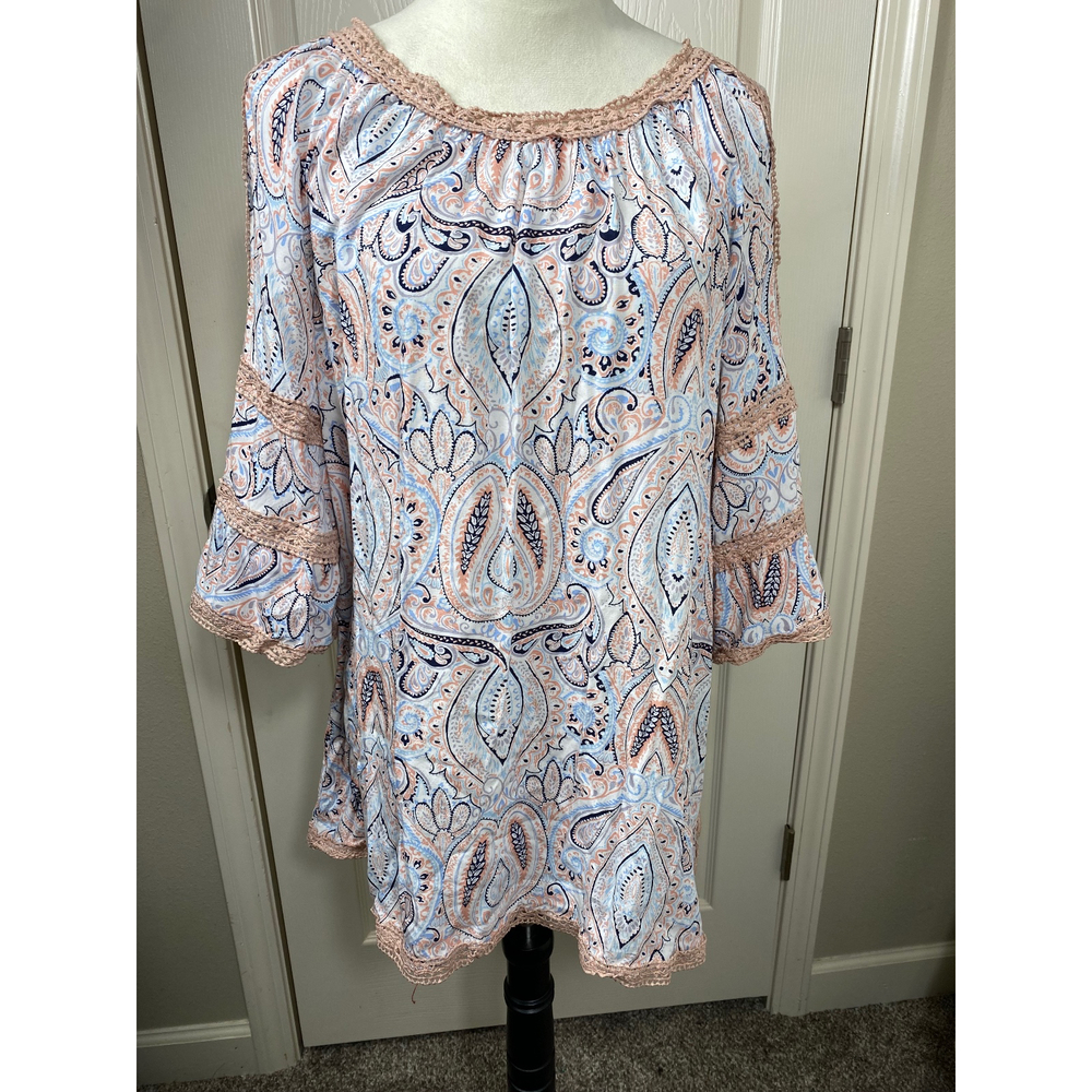 Paisley Tunic Top Crochet Trim Bell Sleeve Cold Shoulder Boho Cottagecore 1XL